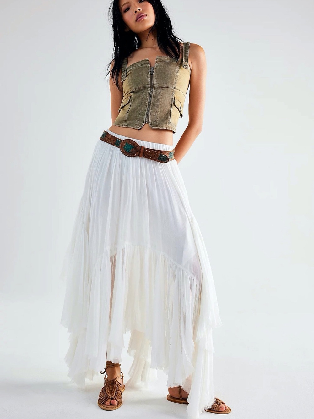 Free People White High-Low Layered Maxi Skirt